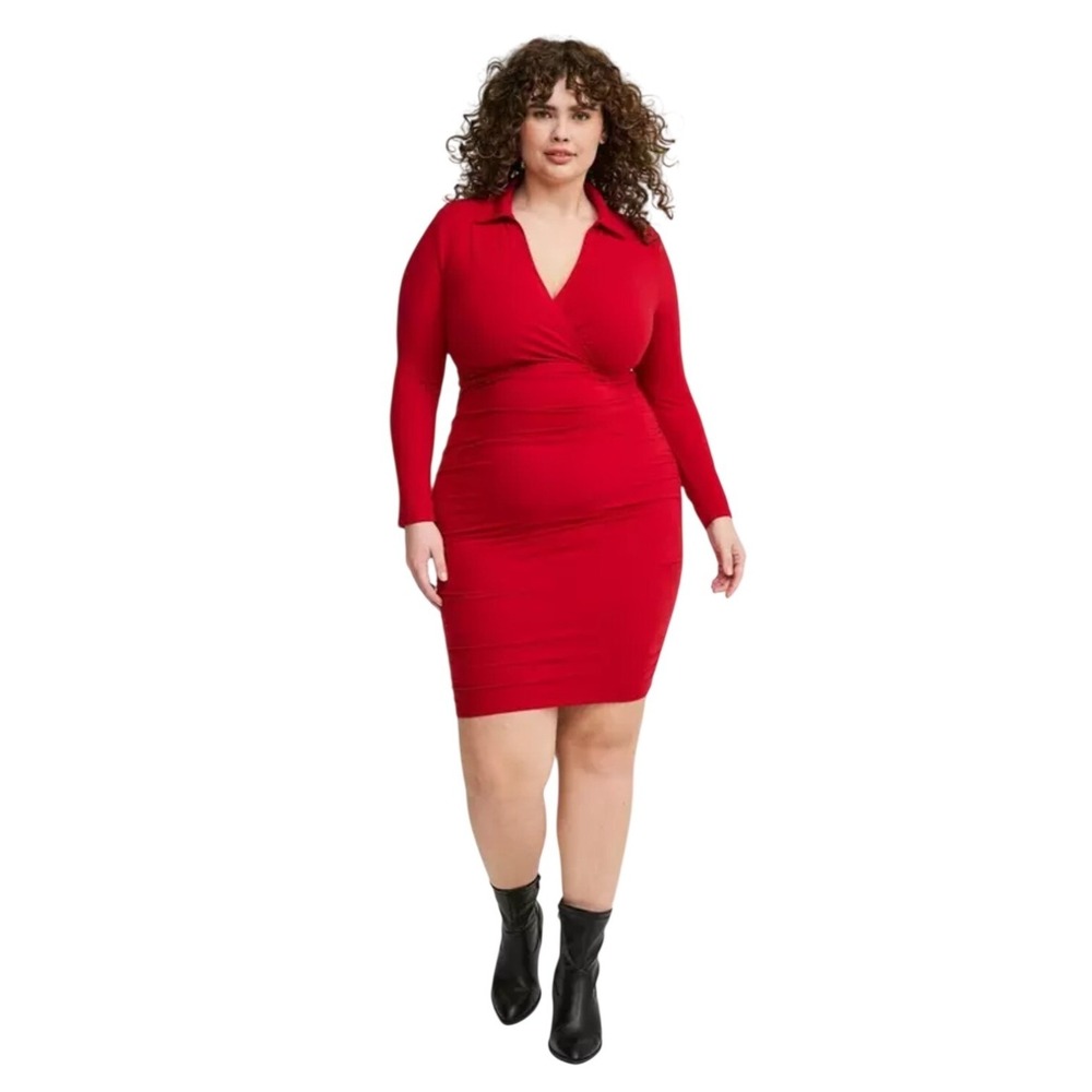 Torrid Red Ruched Mini Jersey‎ Long Sleeve Collar Surplice Dress plus size 5X
